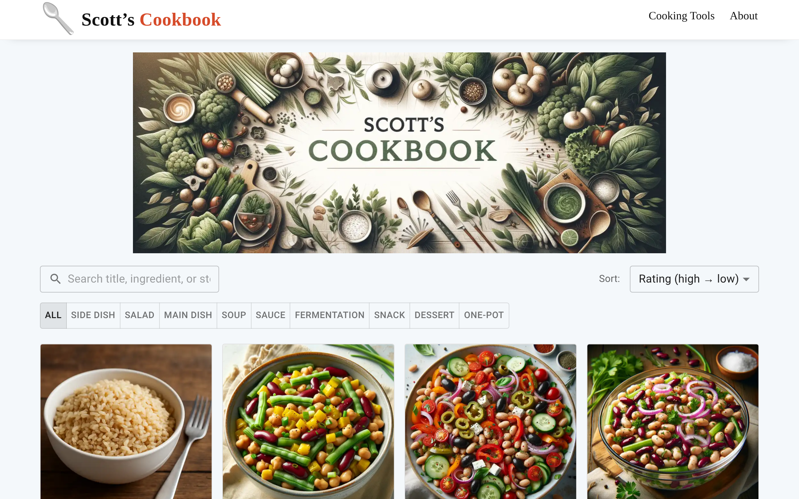 Scott's Cookbook home page with a banner, search box, rating sort, topic filter tabs, and a grid of recipe photos