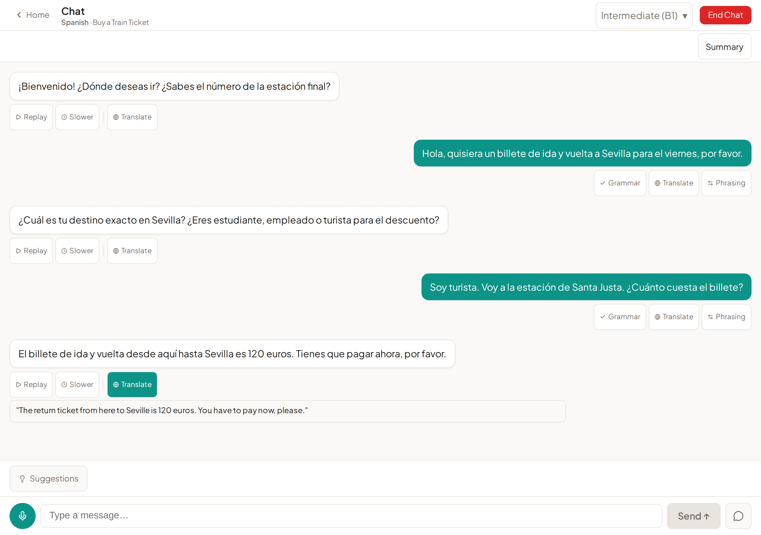 Spanish train-ticket role-play chat with partner and learner messages, learning-tool buttons, and an English translation open under the last reply