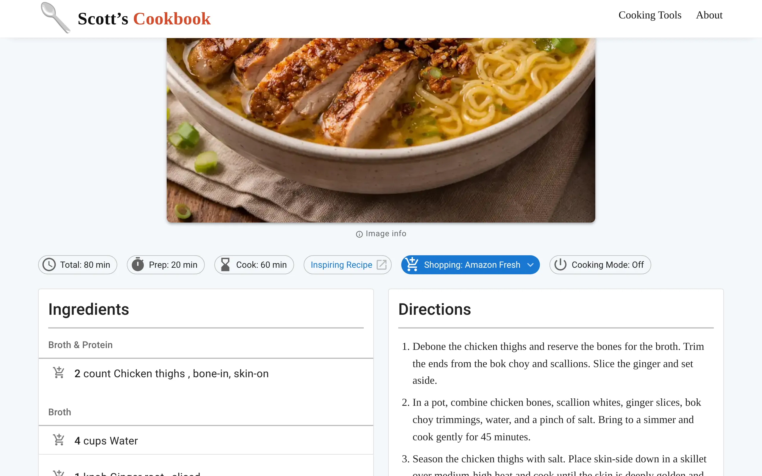 Miso ramen recipe with Shopping: Amazon Fresh enabled, cart icons beside each ingredient, and numbered directions
