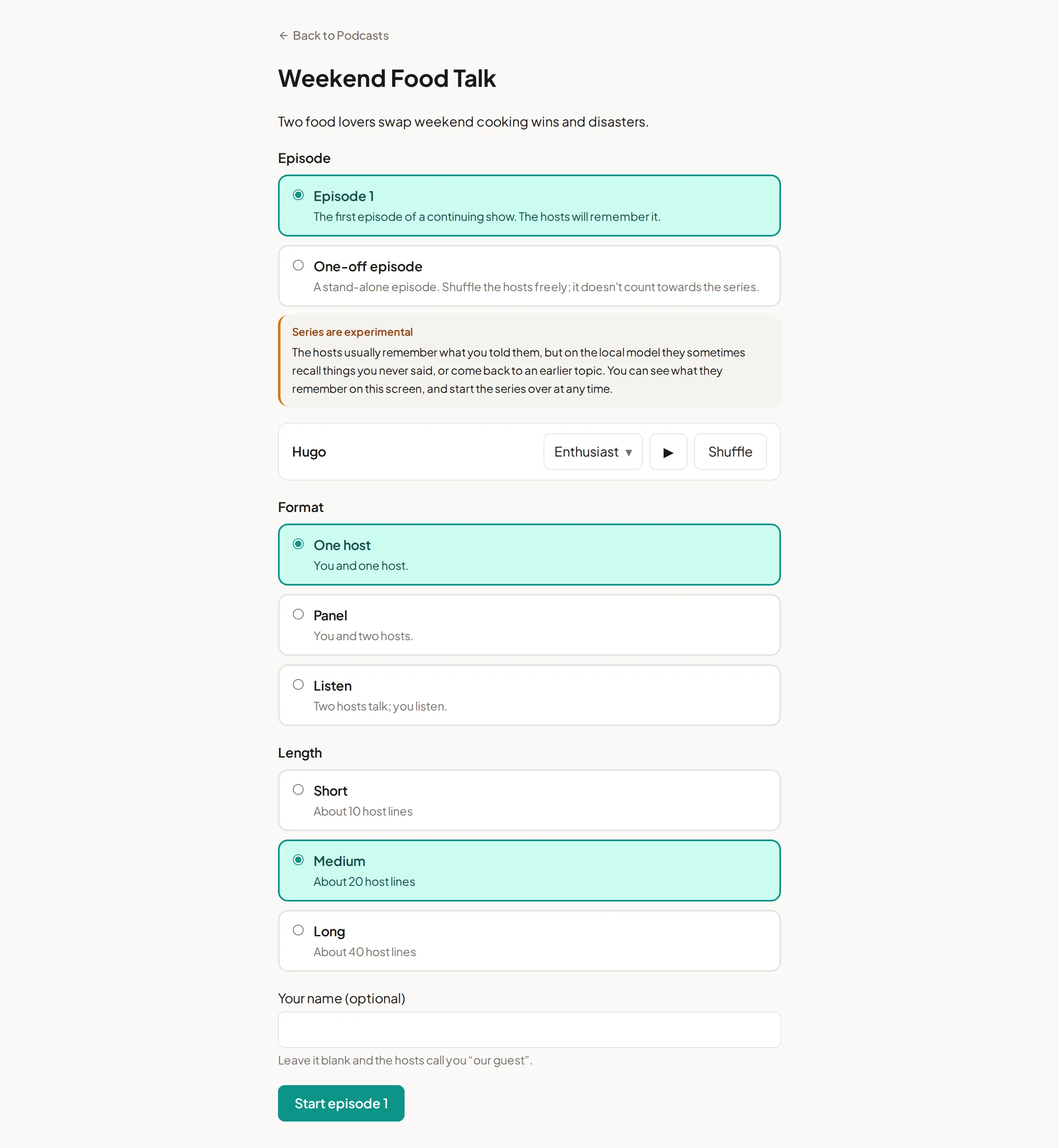Podcast setup for Weekend Food Talk with episode, host, format, and length options, a Series are experimental note, and Start button