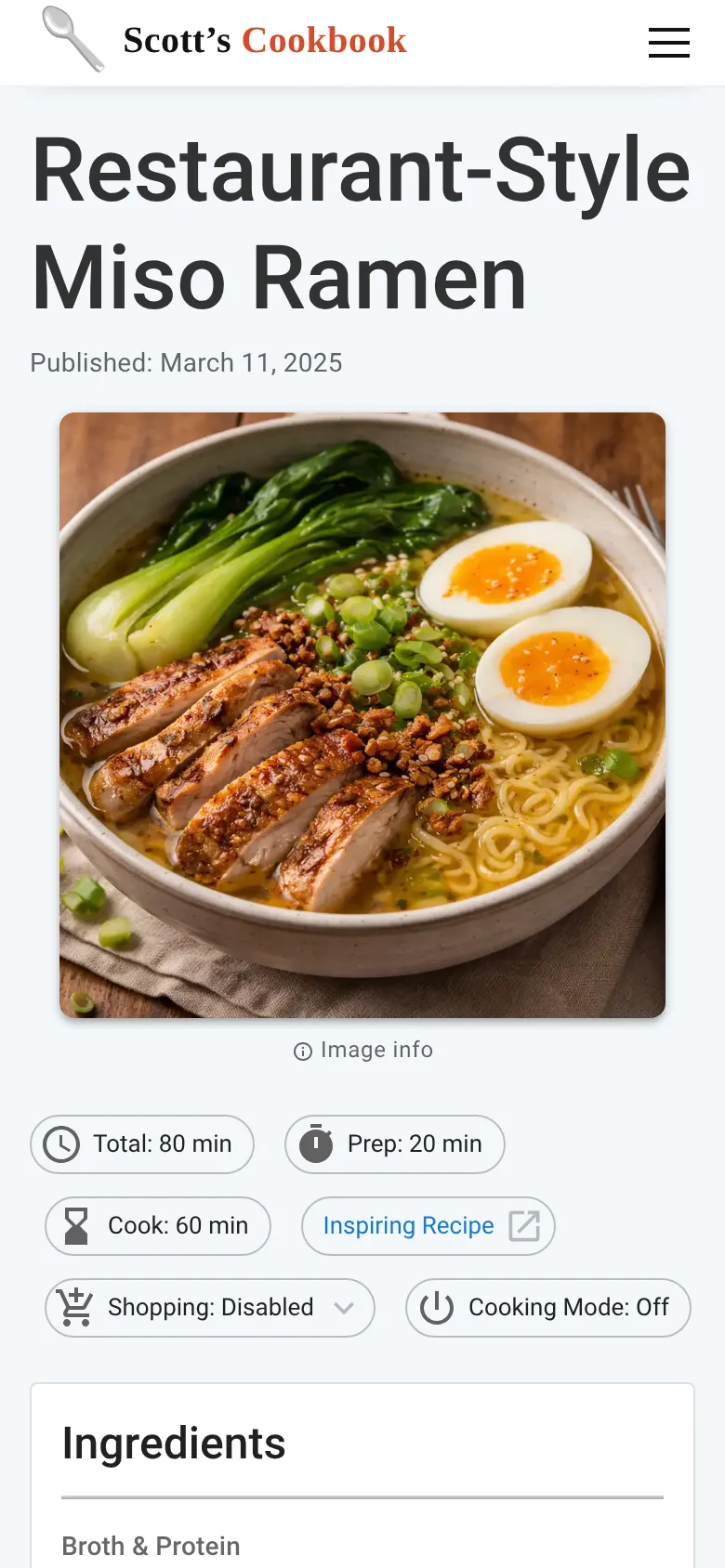 Miso ramen recipe at phone width with its title, photo, time chips, and shopping and cooking mode toggles