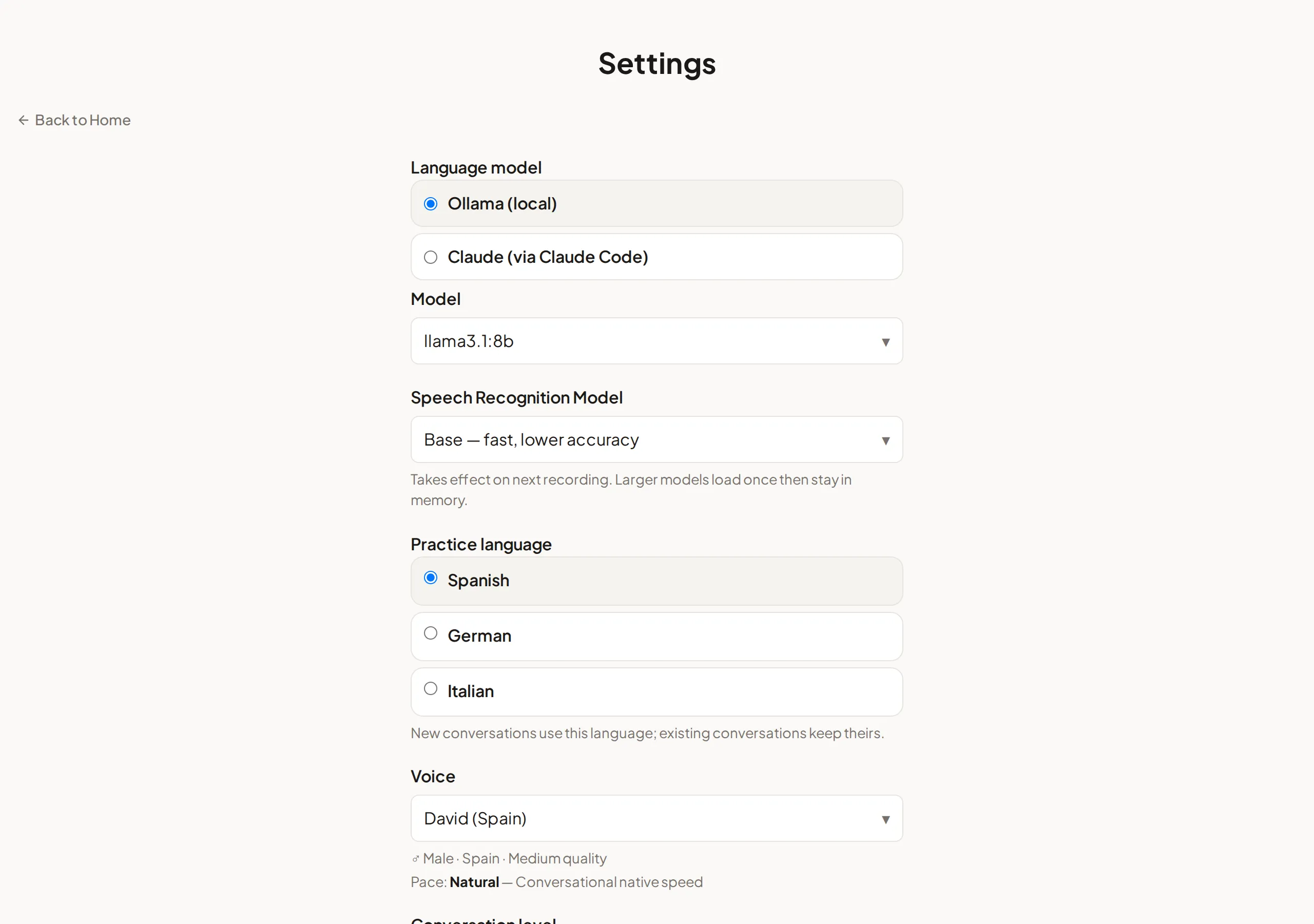 Settings page with Ollama (local) selected over Claude (via Claude Code), the llama3.1:8b model, and Spanish as practice language