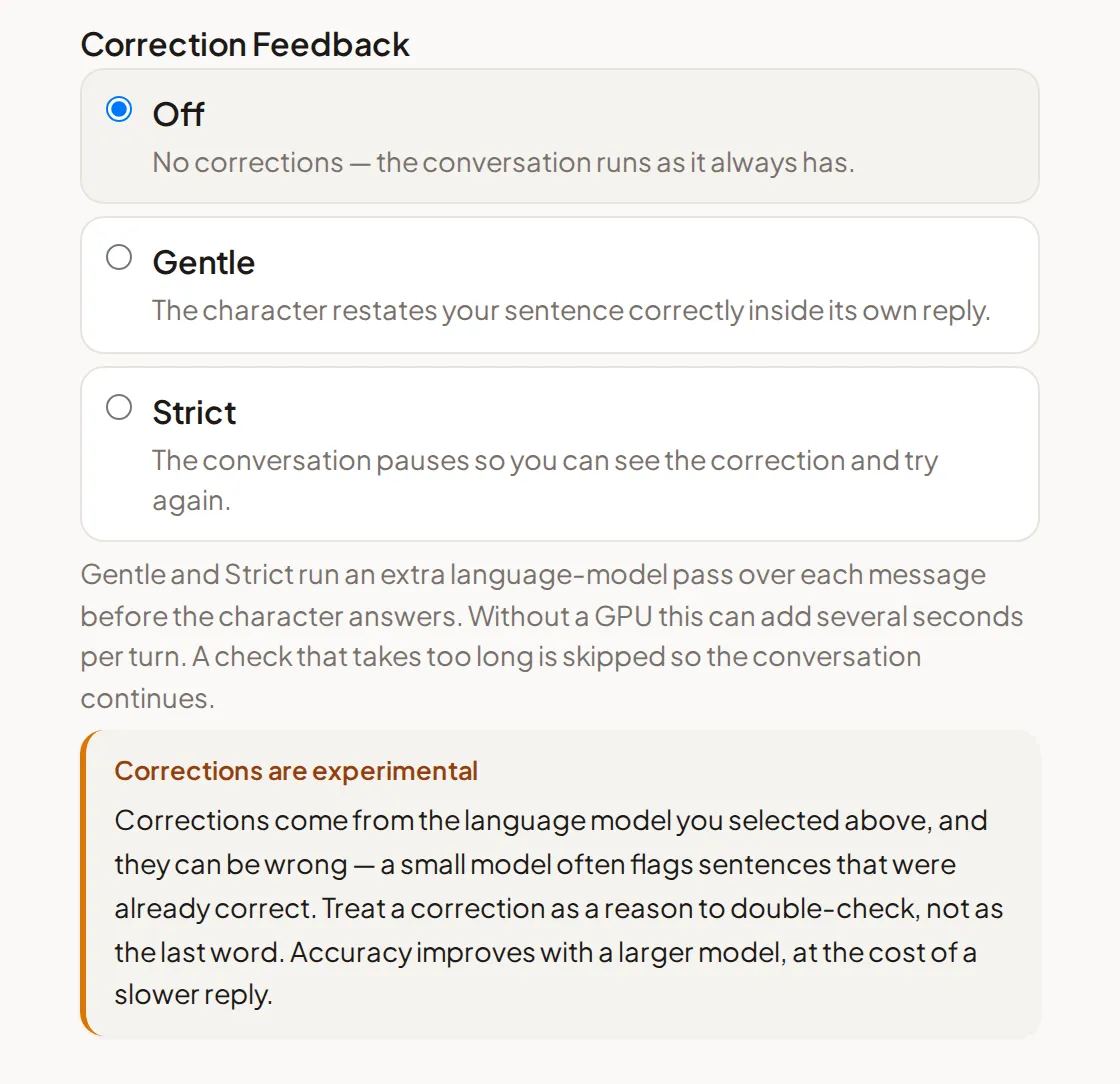 Correction Feedback options Off, Gentle, and Strict, with a Corrections are experimental warning below them